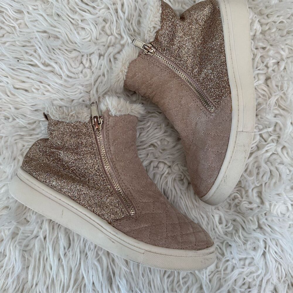 Harper Canyon Girls' Pink Gold Glitter Sneaker Boots Faux Fur Trim Ankle Size 2